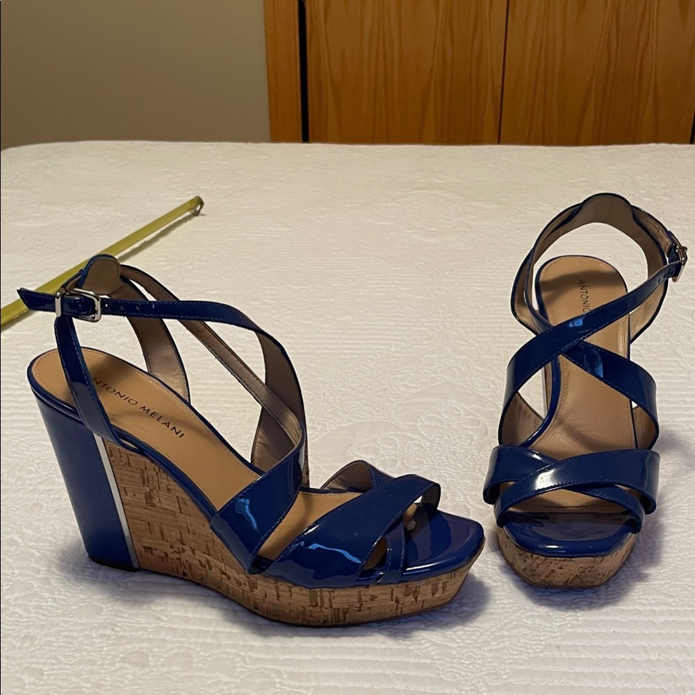 ANTONIO MELANI blue patent leather, cork platform Wedges with silver trim. Sexy!